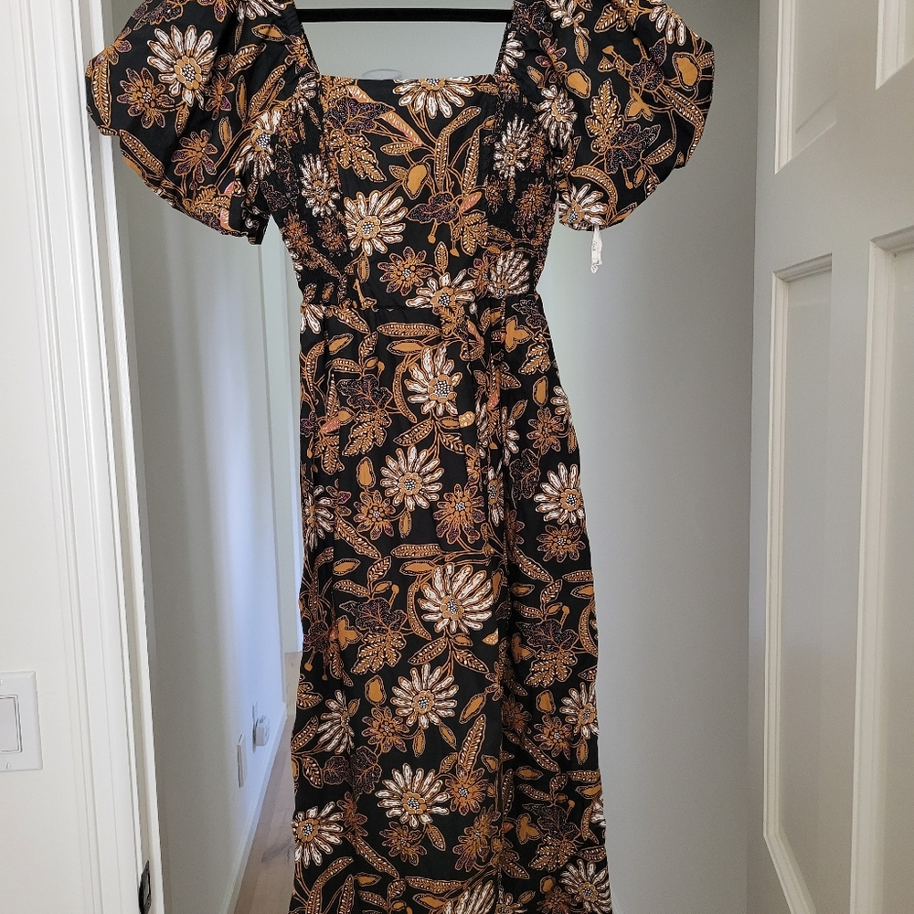 Cleobella Black and Brown Midi Dress with Botanical Elegance